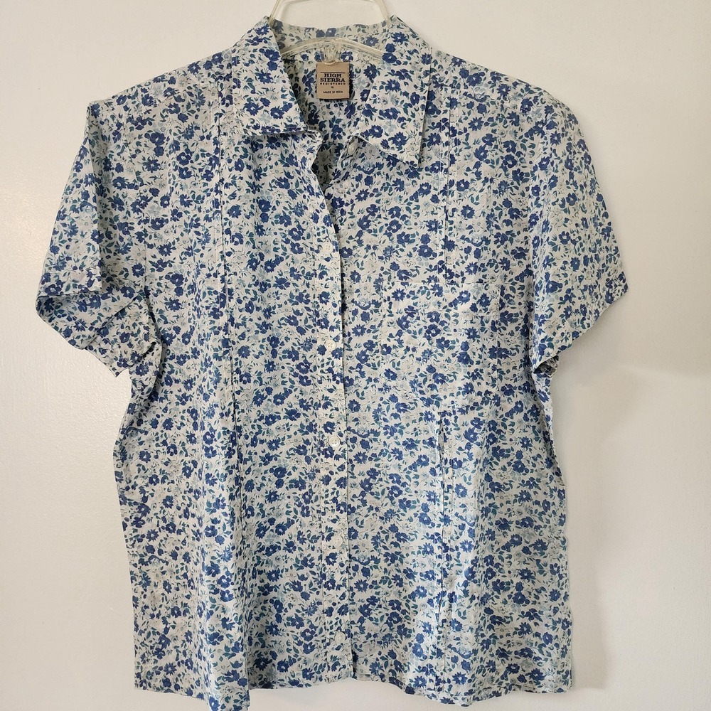 High Sierra Womens Blue Floral Short Sleeve Button‎ Up Preppy Blouse Size Small